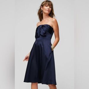 White House Black Market Sleeveless Satin Draped SZ 6 Midi Dress pocket Navy